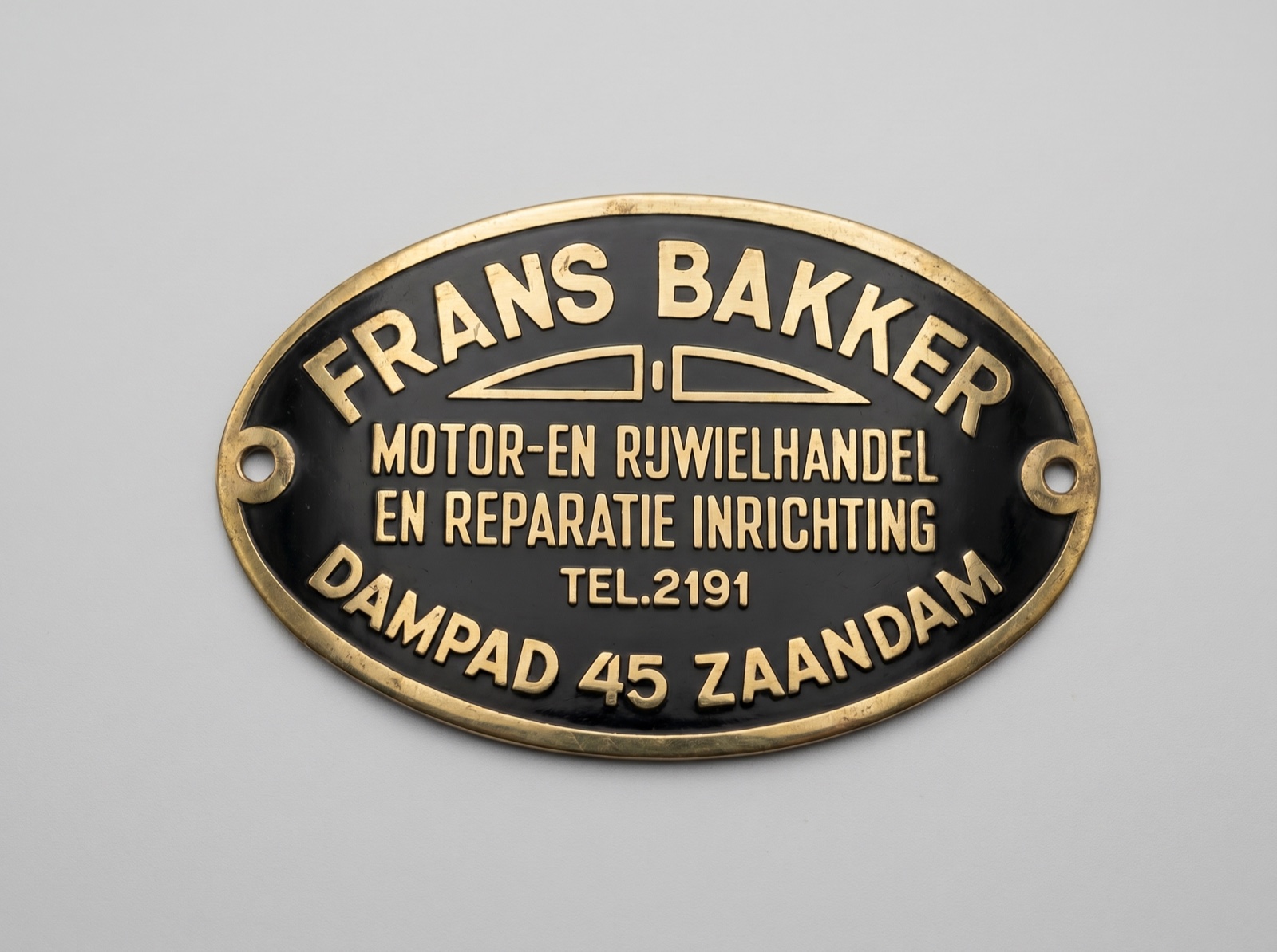 Origineel messing bordje uit 1928 — Frans Bakker, Motor- en Rijwielhandel, Dampad 45 Zaandam