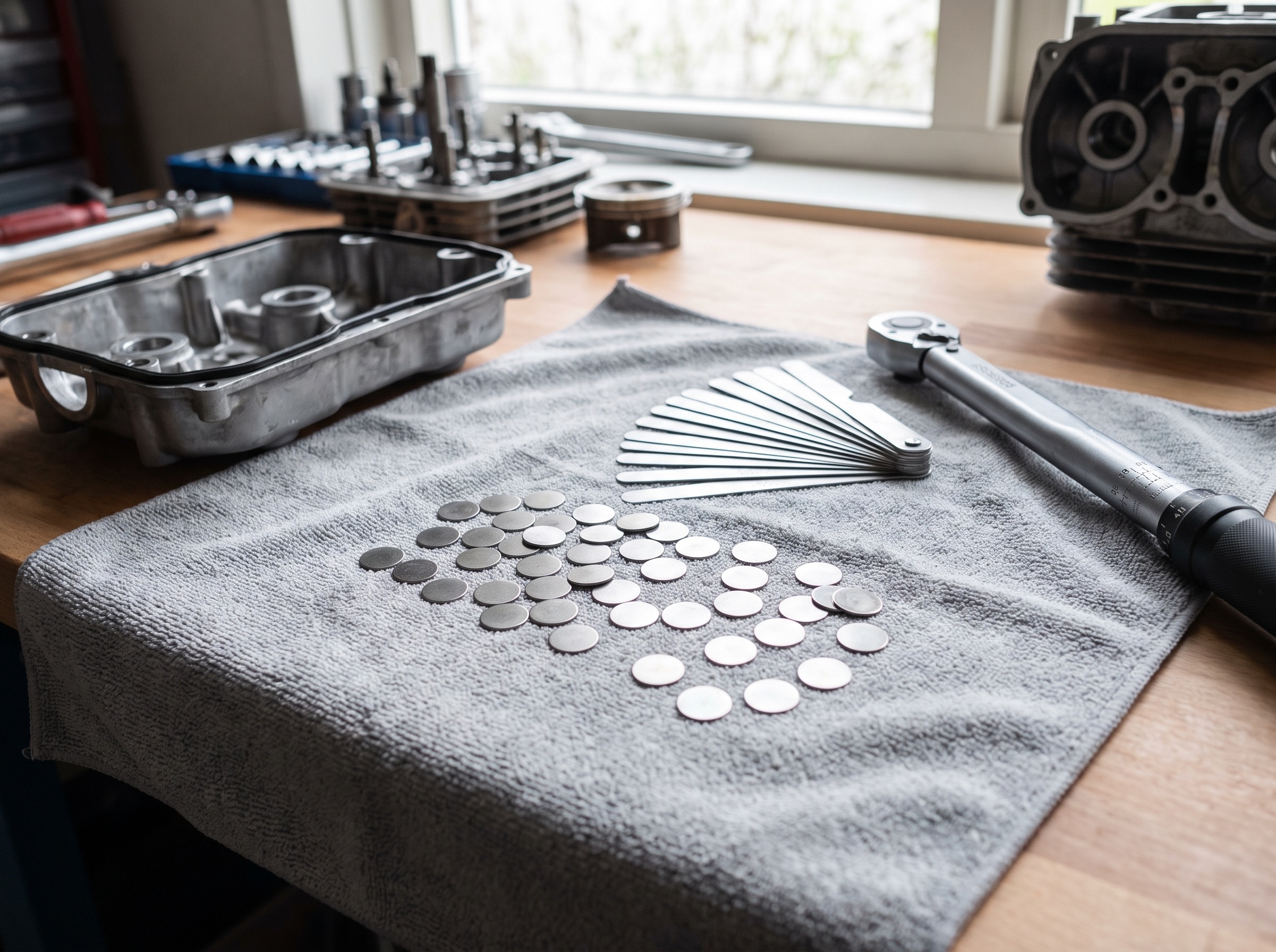 Klepshims, een voelermaat en een momentsleutel naast een losse kleppendeksel op een werkbank