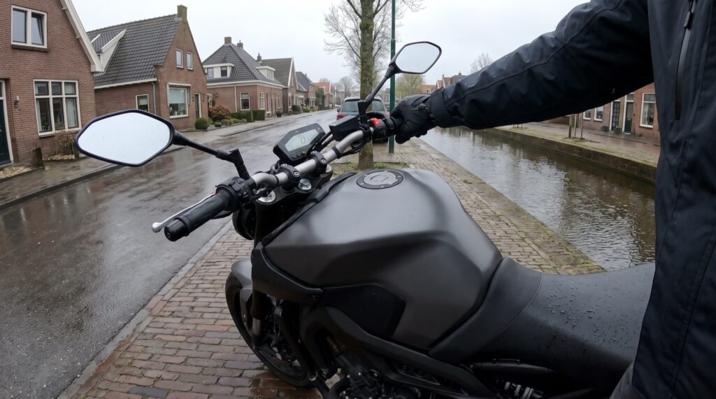 Motorrijder met handschoen aan het stuur van een geparkeerde motor in een natte straat