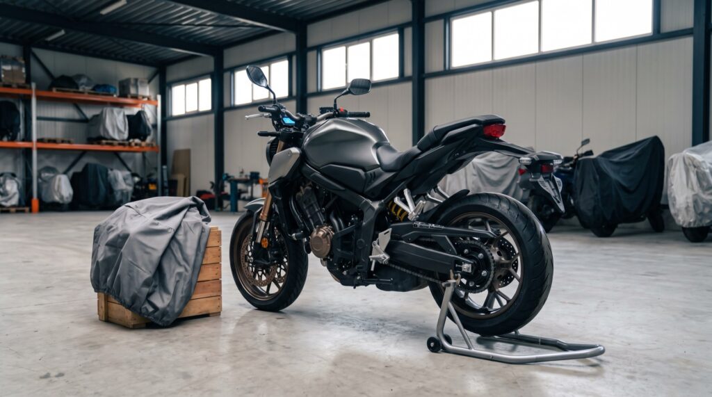 Gewassen motor op een paddockstand in een droge stallingshal, met een opgevouwen hoes ernaast