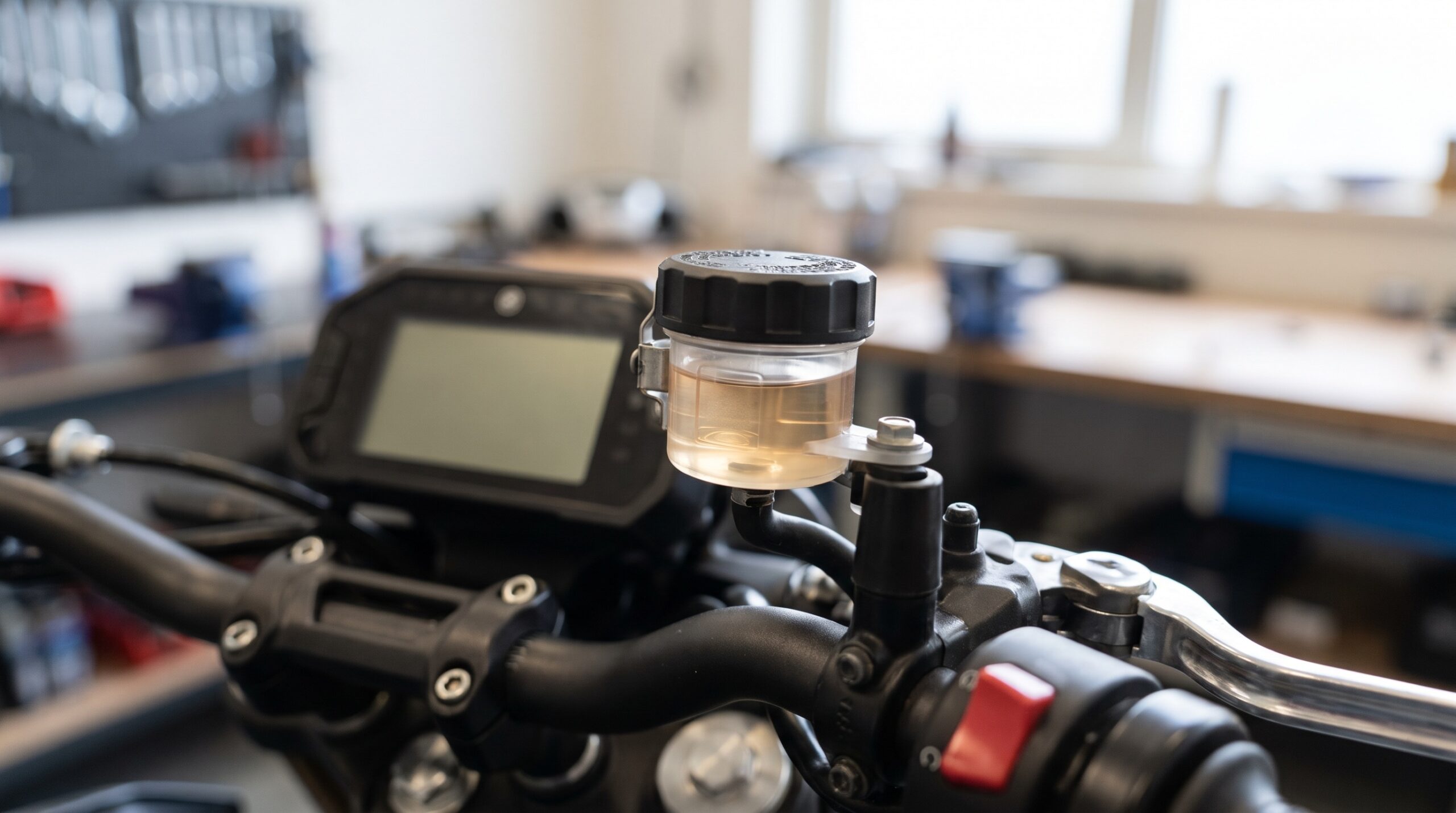 Remvloeistofreservoir met lichtgele vloeistof op het rechterstuur van een motor